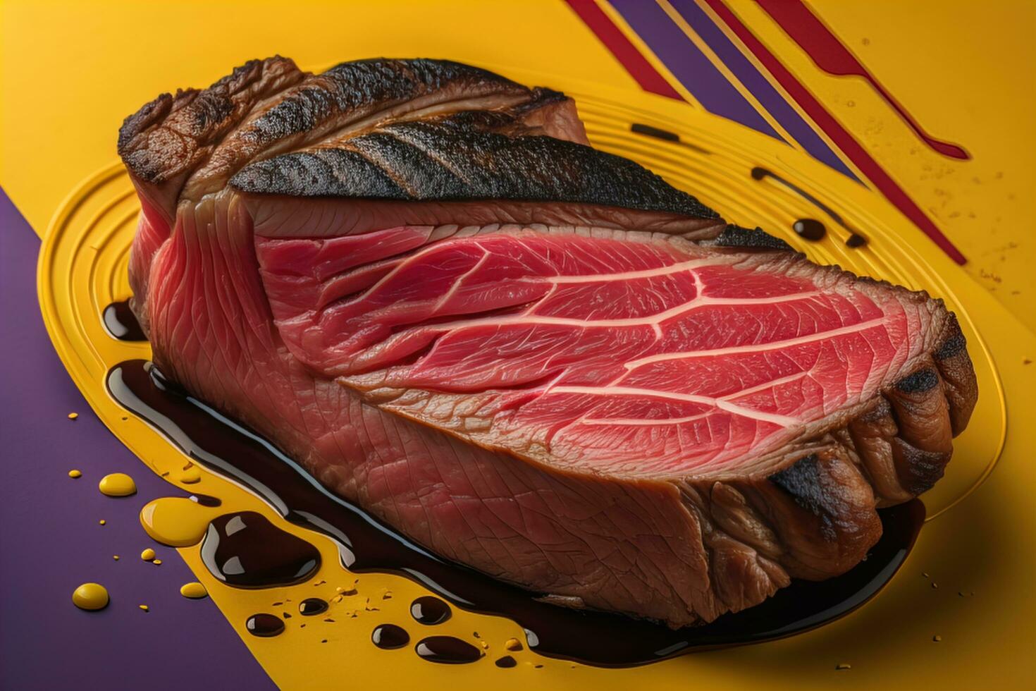 AI generated Tuna steak on a colorful background. Top view. Toned. generative ai photo