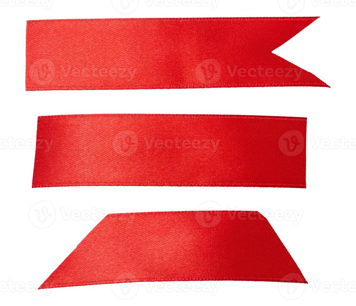 Pieces of red satin ribbon on isolated background, set photo