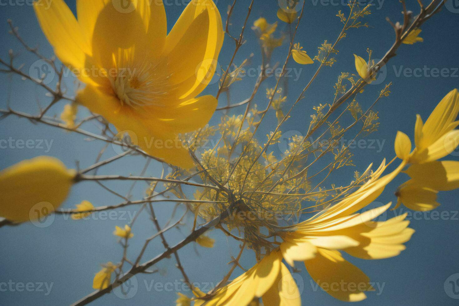 AI generated Yellow flower on blue sky background. Minimalist style. Soft focus. ai generated photo
