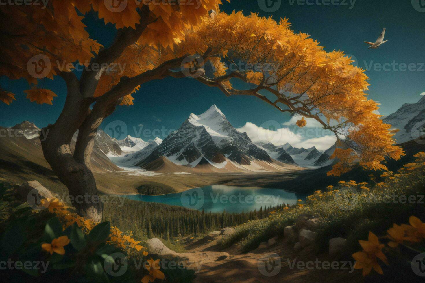 AI generated Beautiful autumn landscape with lake, mountains and sky. generative ai photo