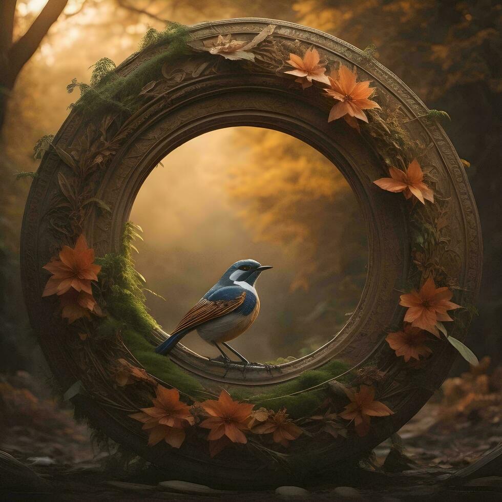 AI generated Beautiful bird sitting on old tire in autumn forest, filtered image. generative ai photo
