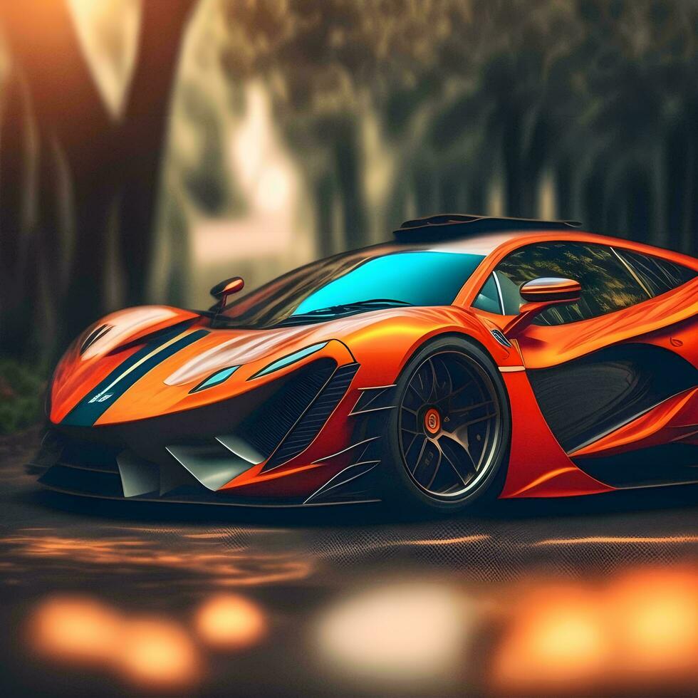 AI generated Futuristic orange sports car in the forest. generative ai photo