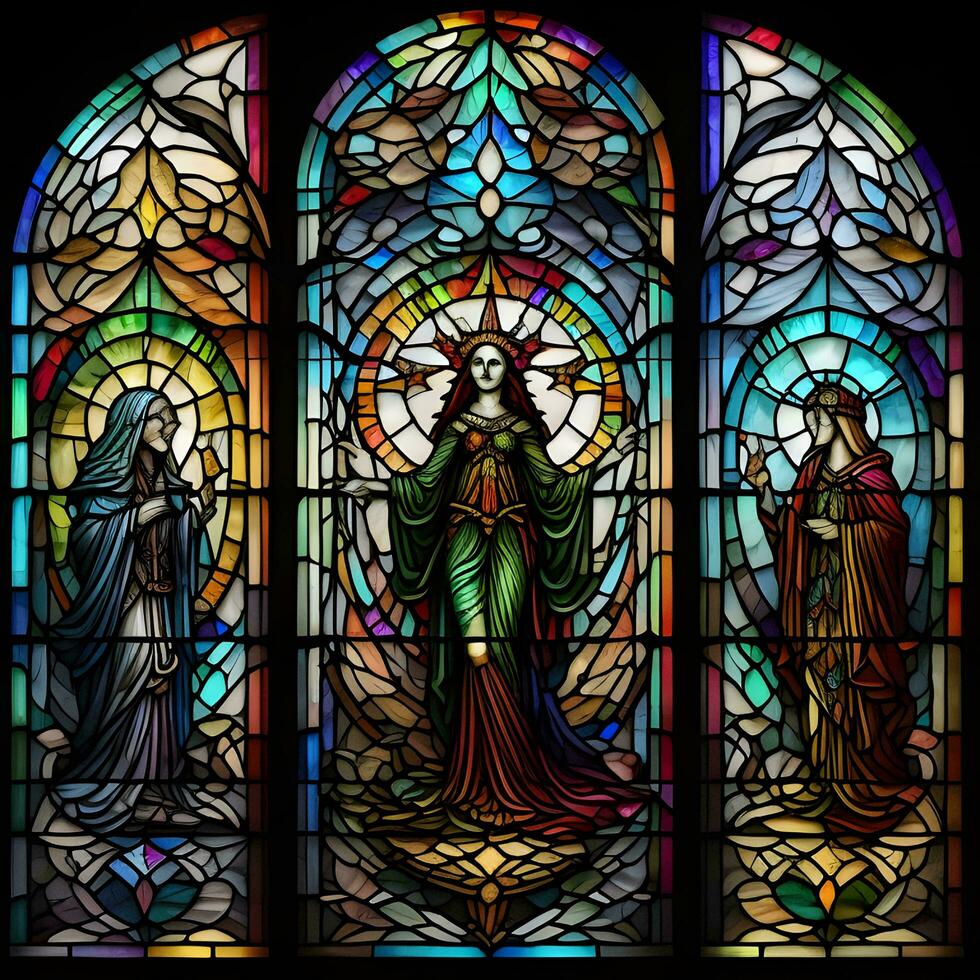 AI generated Illustration in stained glass window of the Church of the Immaculate Conception of the Blessed Virgin Mary. generative ai photo