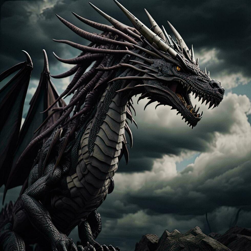 AI generated dragon on the background of the stormy sky. generative ai photo