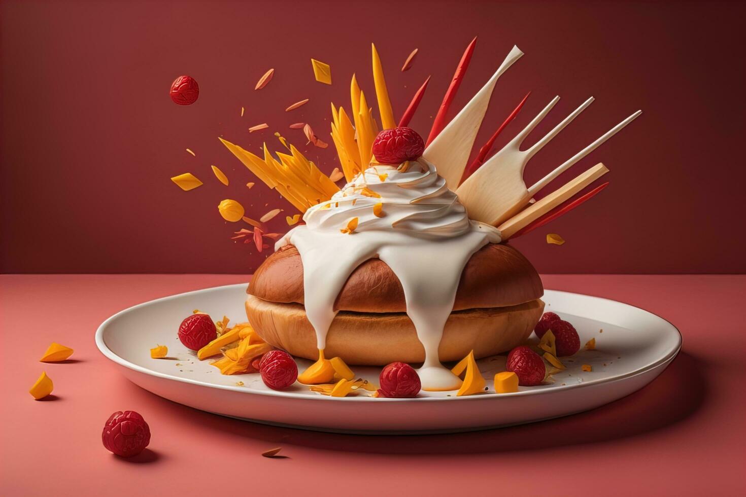 AI generated Cake with whipped cream and fresh fruits on a red background. generative ai photo