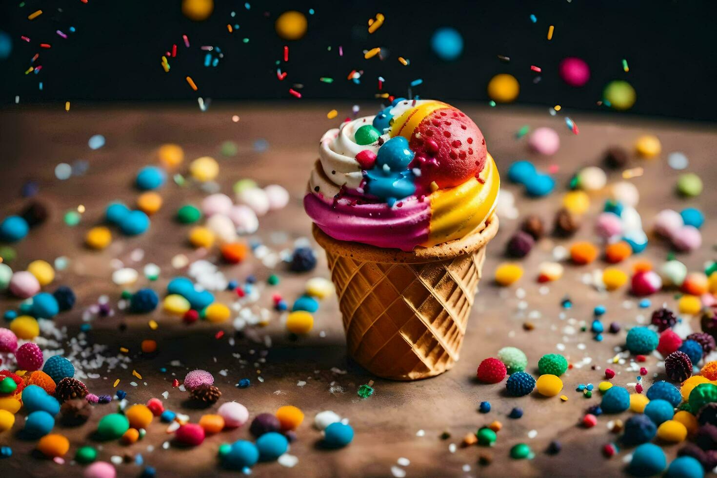 AI generated an ice cream cone with colorful sprinkles on top photo