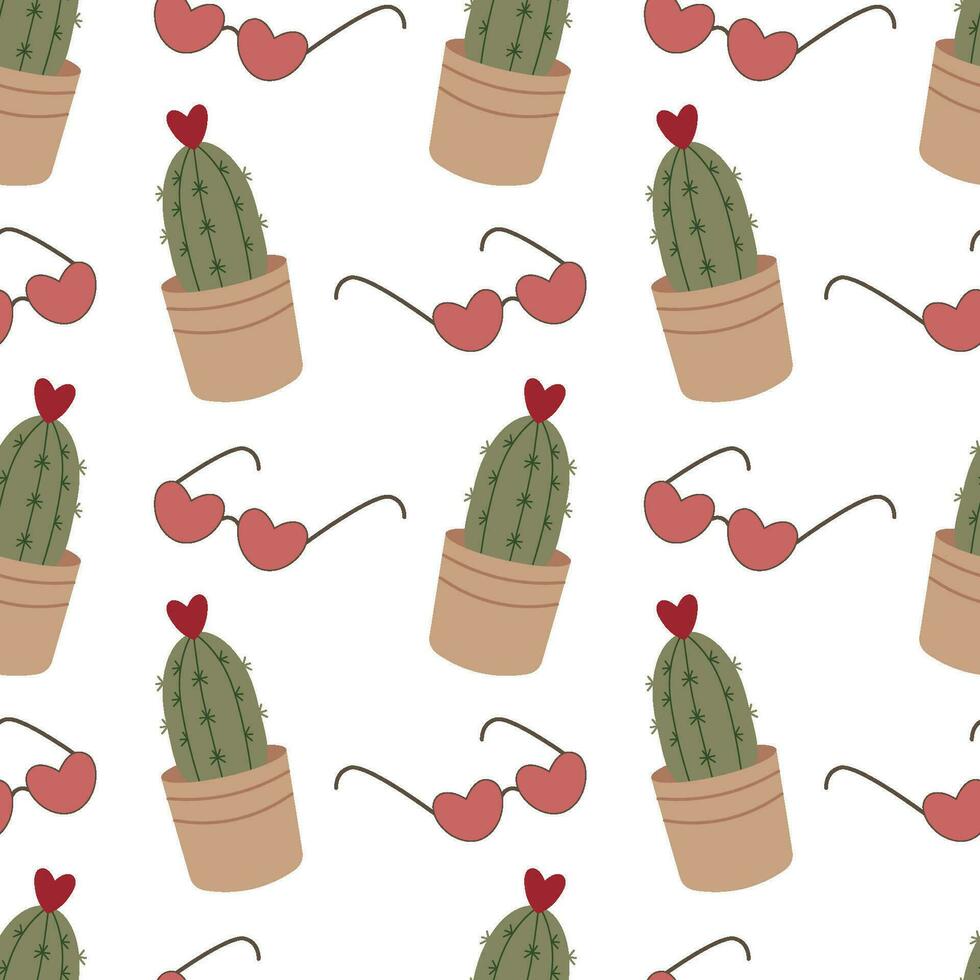 Seamless valentines day pattern. Cactus and sunglasses in the shape of hearts. For background, greeting card, wrapping paper vector