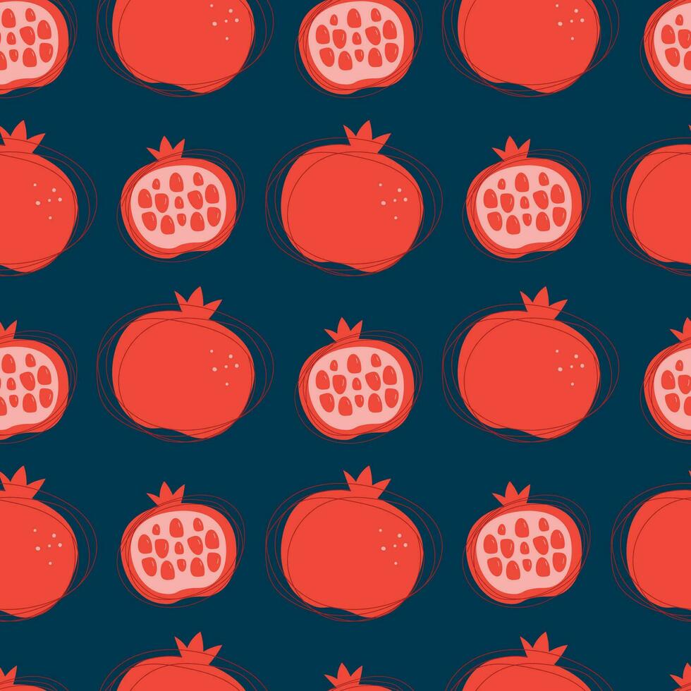 Vector seamless pattern. Red stylized garnets on a dark blue background.