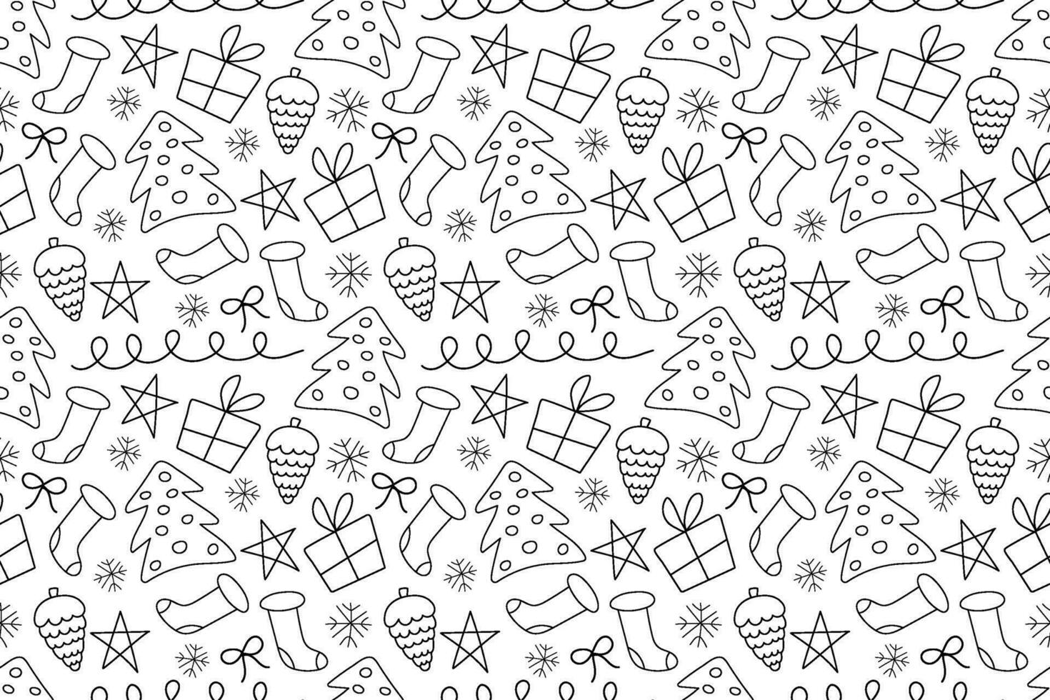 Seamless Christmas doodle pattern. Christmas tree, gifts, stars, cones, snowflakes. For wrapping paper, textile, greeting card. vector