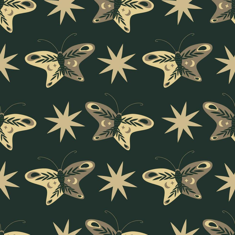 Seamless mystical pattern. Butterflies, moon and stars on a dark background vector
