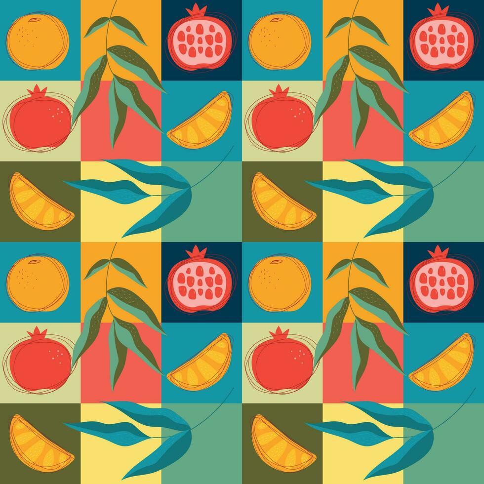 Vector seamless pattern. Bright composition of pomegranates, tangerines and leaves