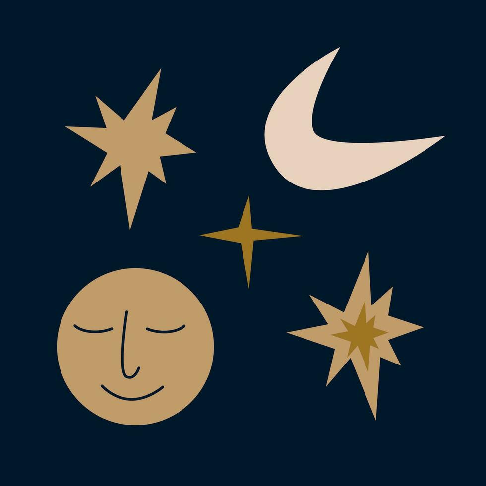 Vector set of mystical elements. Stars, moon and sleeping face isolated on dark blue background