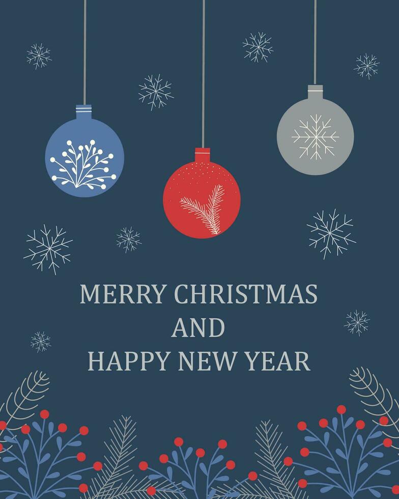 Christmas card. Christmas balls, red berries, fir branches on a dark blue background. vector