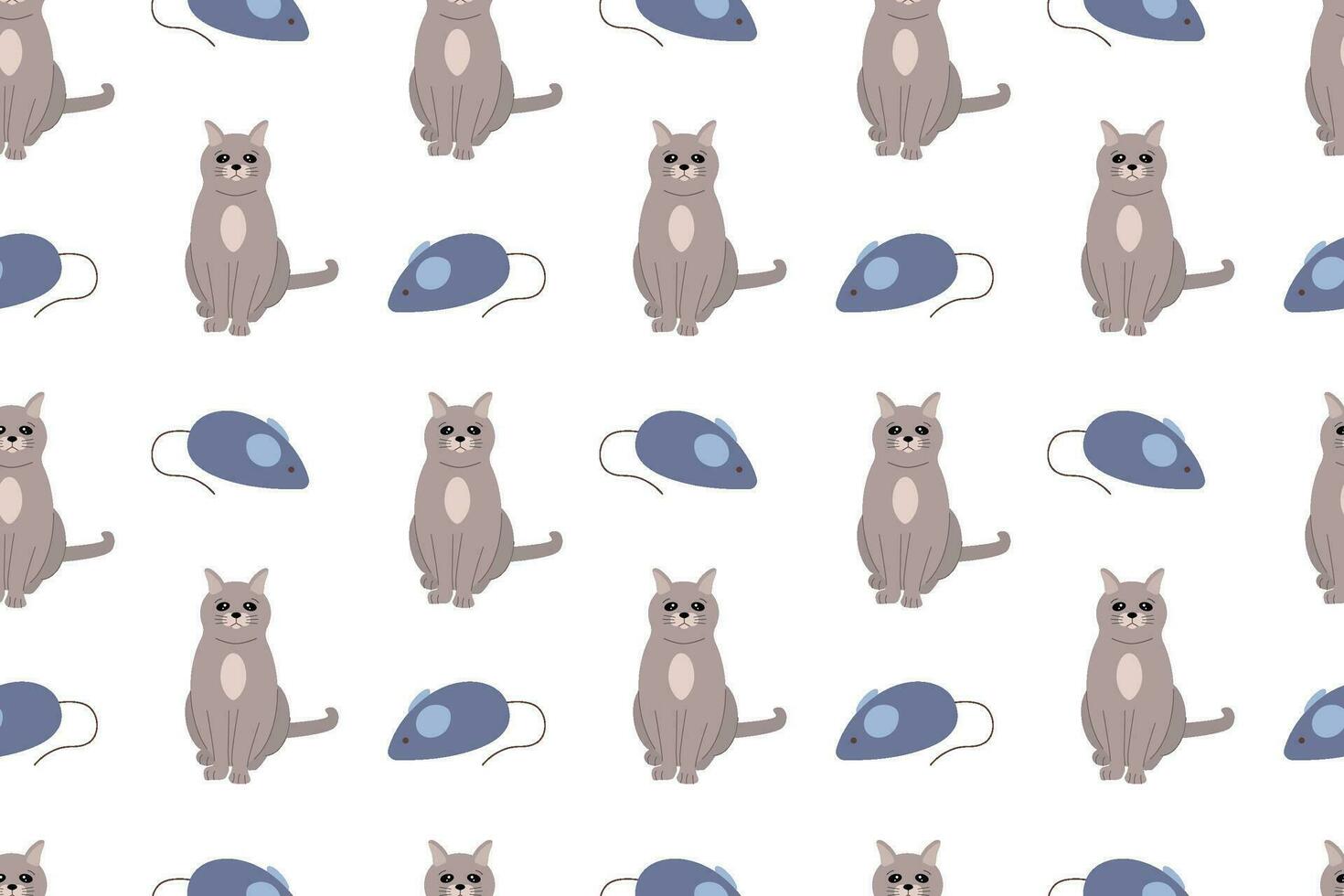 Seamless cat pattern. Gray cat and blue mouse toy. For pet store, wrapping paper, background, card vector