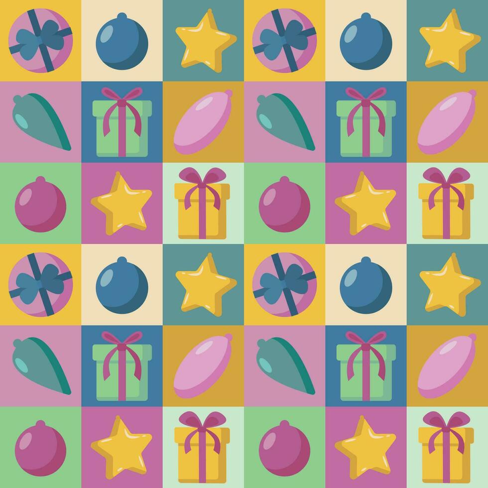 Vector seamless Christmas pattern. Christmas gifts, Christmas tree decorations in colorful squares