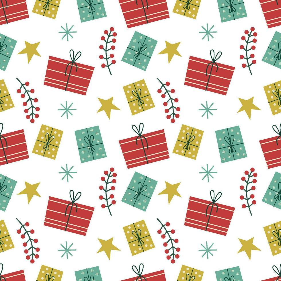 Seamless Christmas pattern. Christmas gifts, stars and snowflakes vector