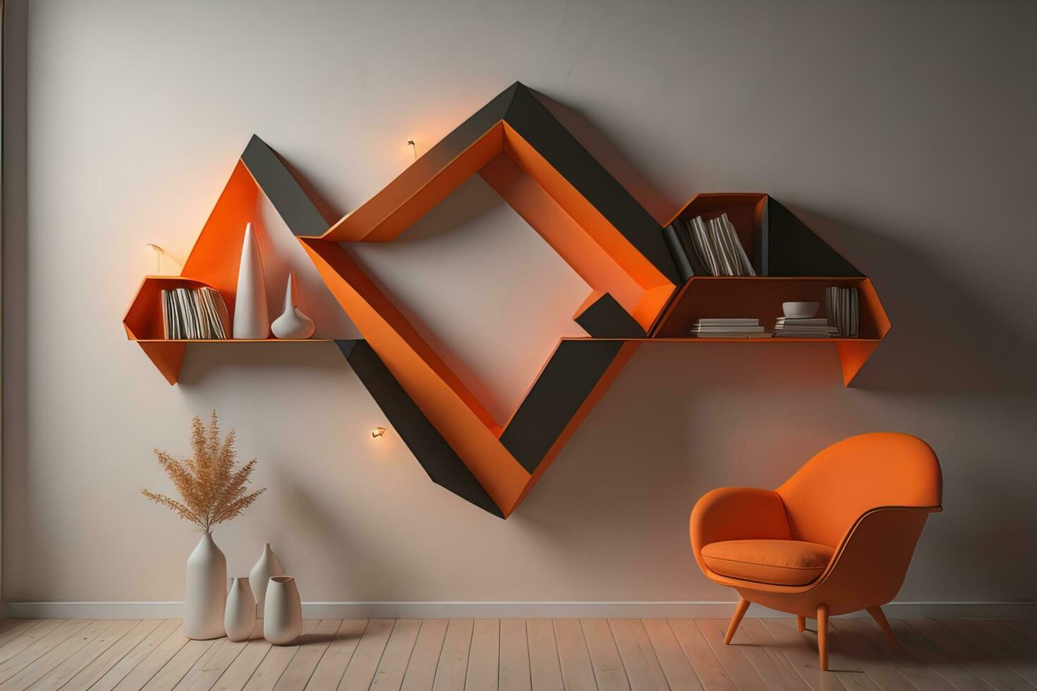 AI generated Bookshelf in scandinavian interior. ai generative photo