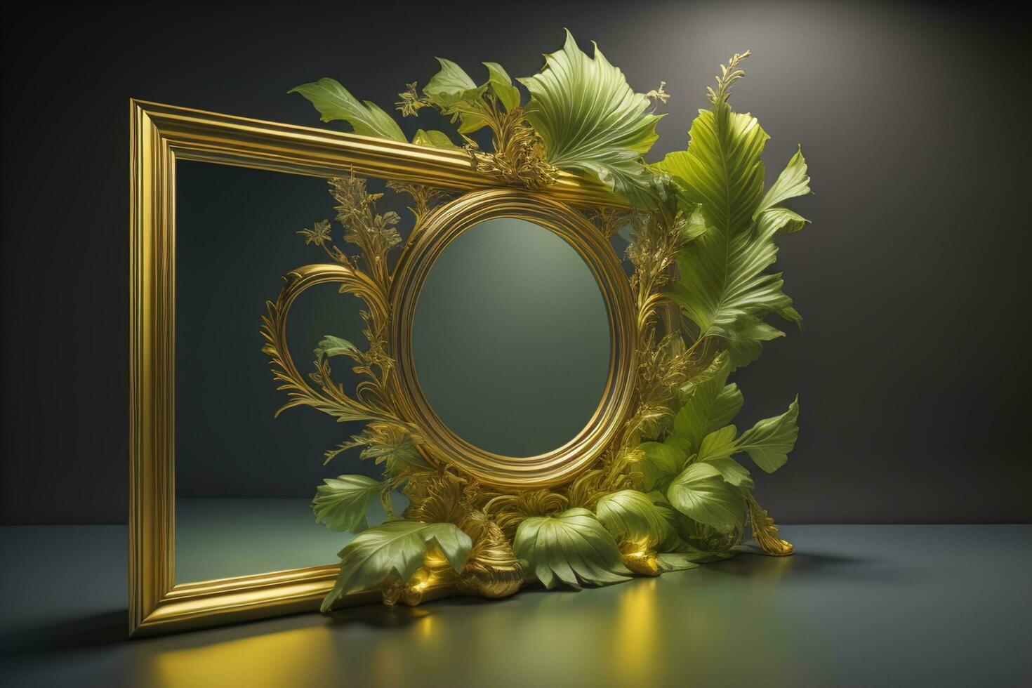 AI generated golden frame with tropical leaves. Luxury background.  generative ai photo