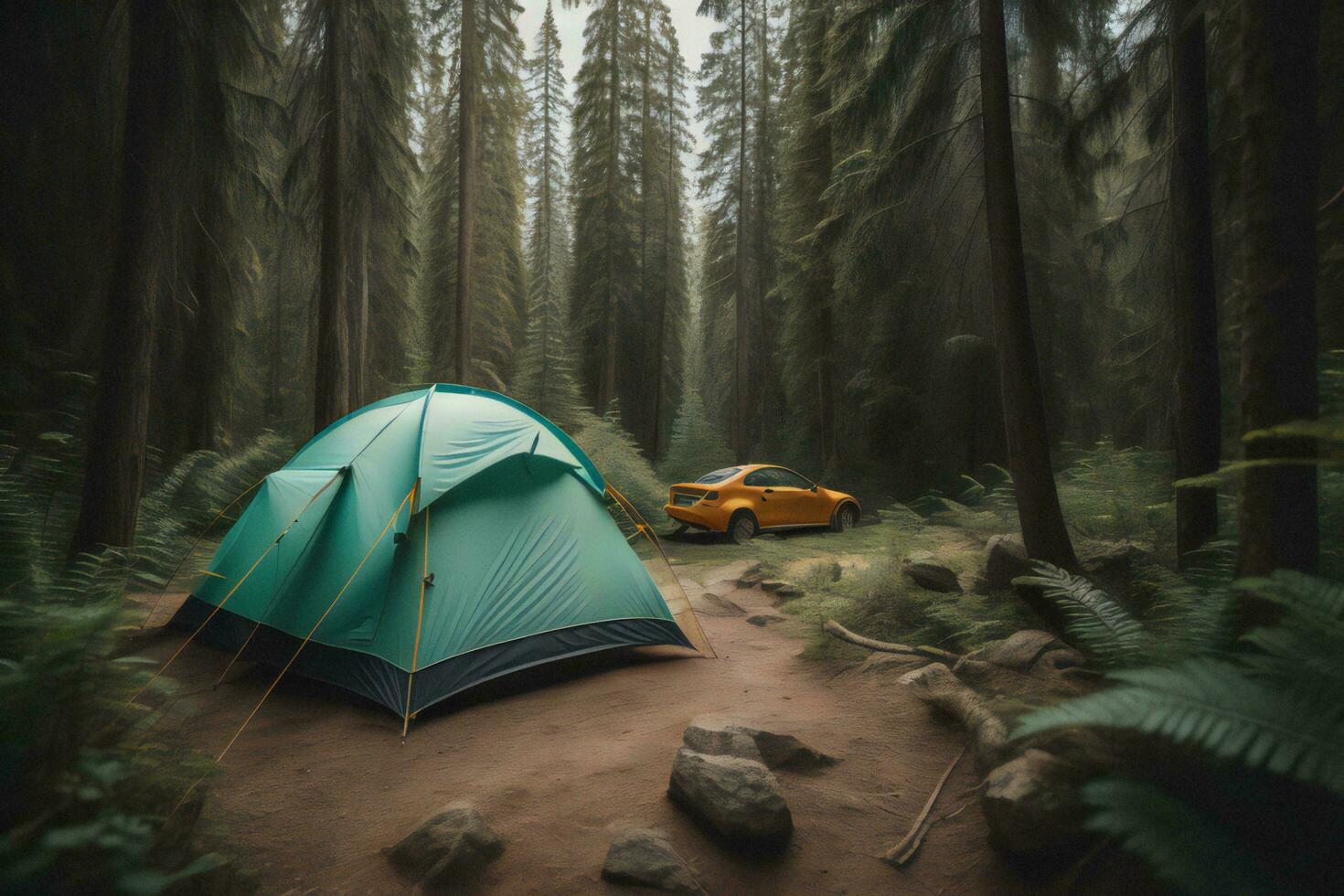 AI generated Camping tent in the forest with car in the background. Adventure travel concept. generative ai photo