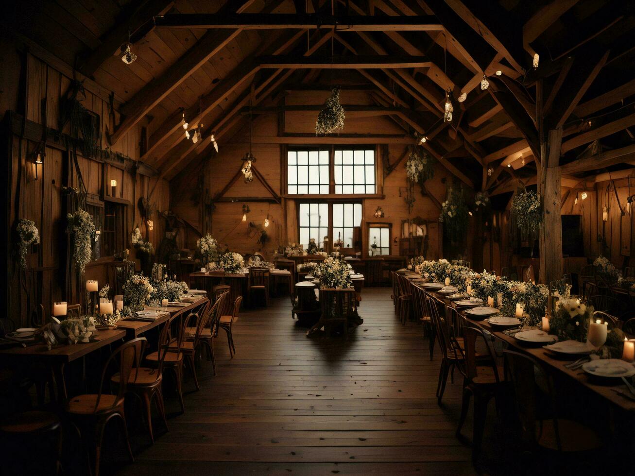 AI generated Wedding Banquet hall with tables and chairs in the evening. generative ai photo