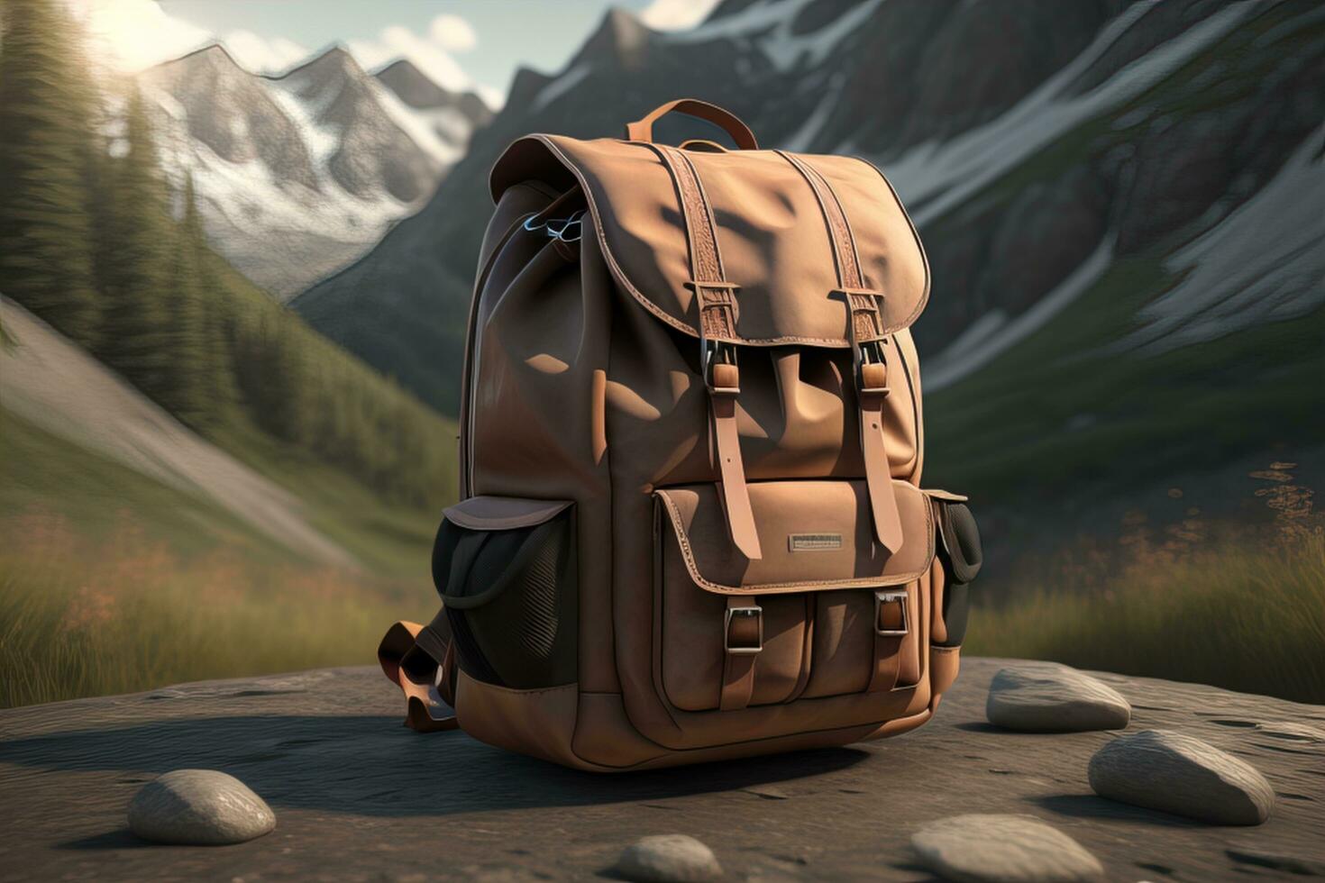 AI generated Brown backpack on the stone in the mountains. generative ai photo