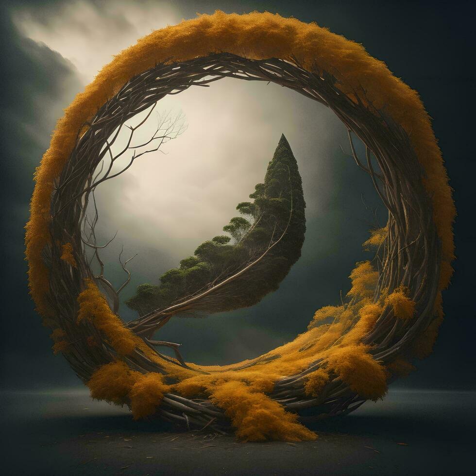 AI generated Fantasy landscape with a tree in a wreath. generative ai photo