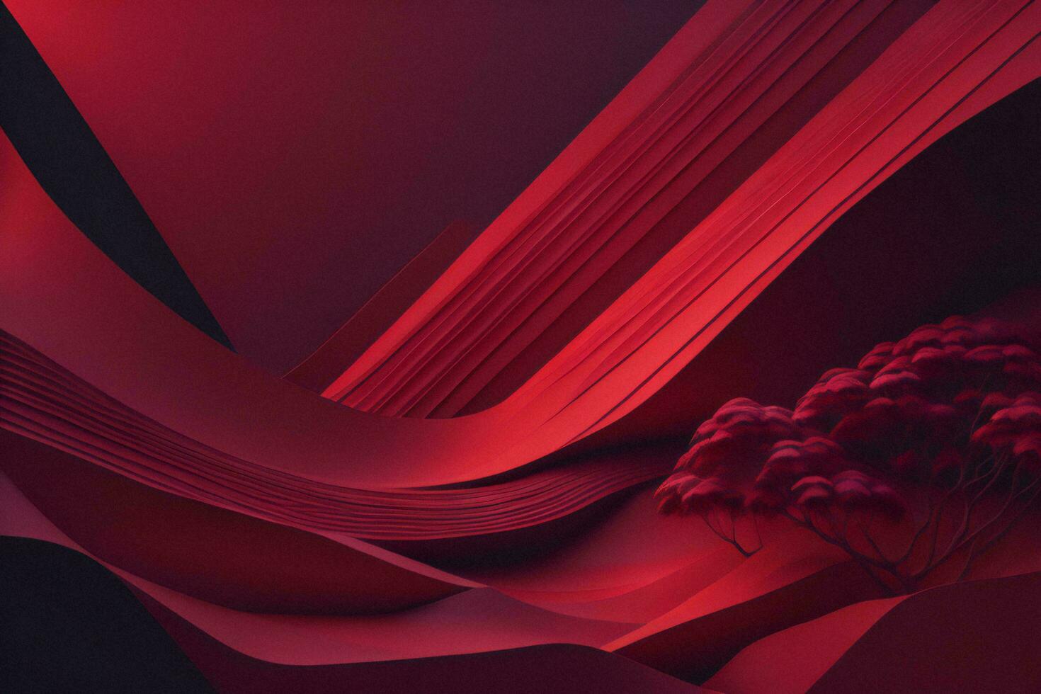 AI generated Abstract red background with curved paper sheets and plants. generative ai photo