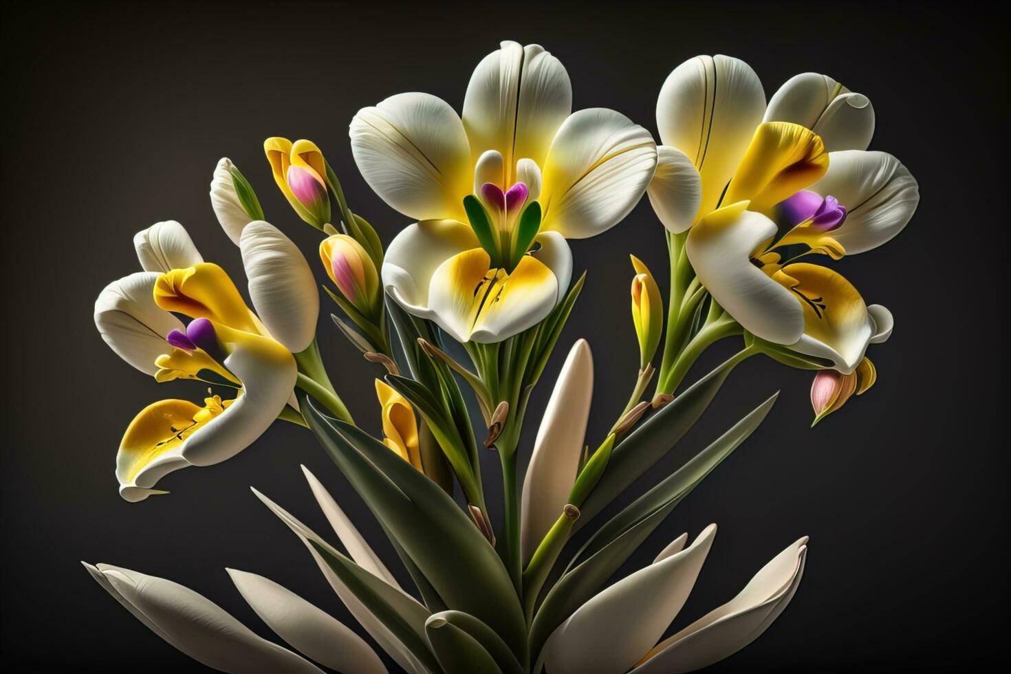AI generated bouquet of white lilies on a solid color background. ai generative photo