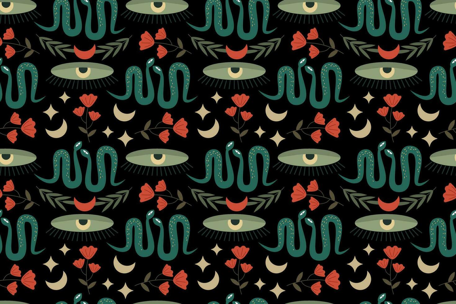 Abstract mystical pattern on a dark background. Eye, snakes, red flowers, moon and stars. Seamless vector pattern