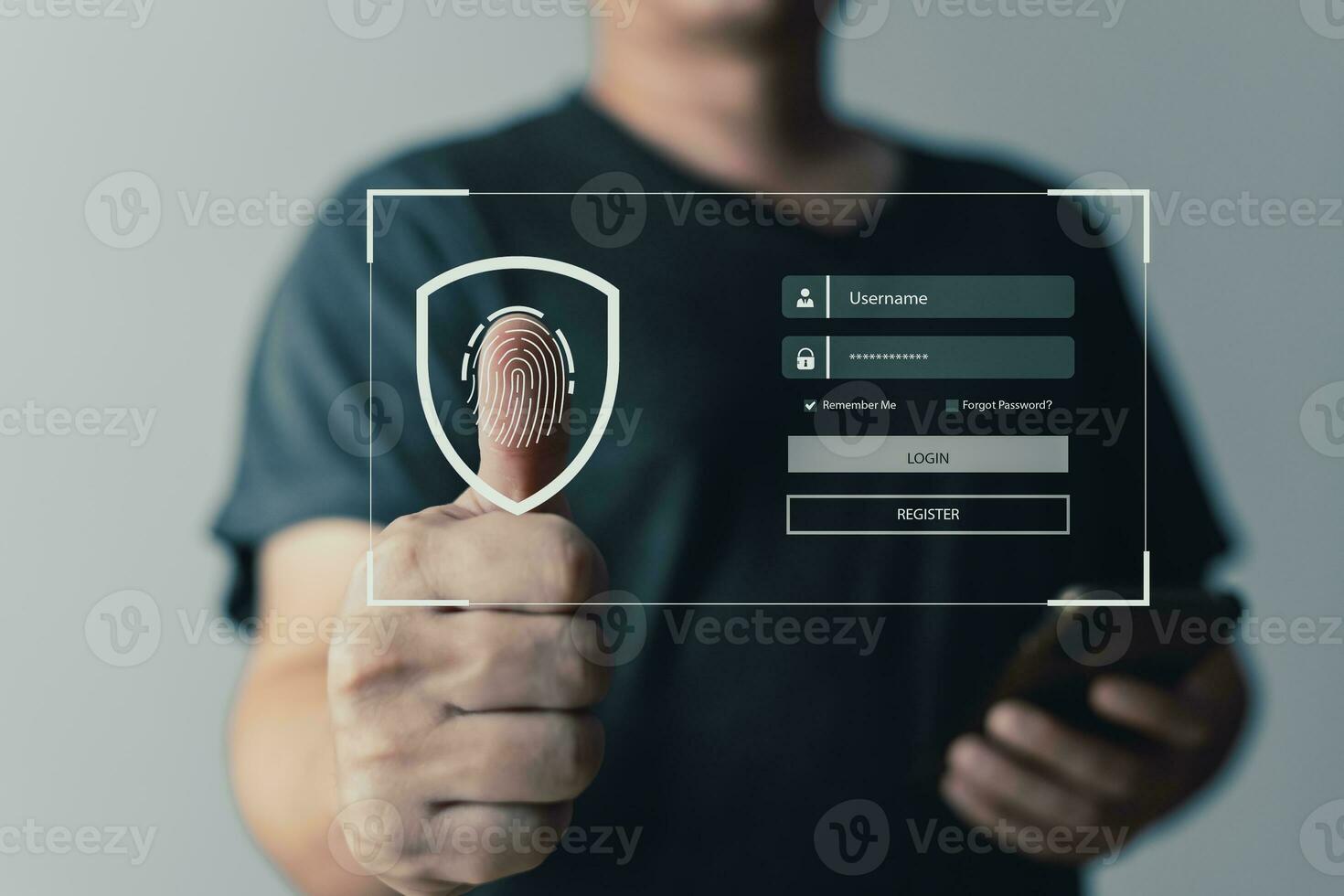Businessman protecting personal data on smart phone with virtual screen interfaces. Cyber security and privacy concepts to protect data. Lock icon and internet network security technology. photo