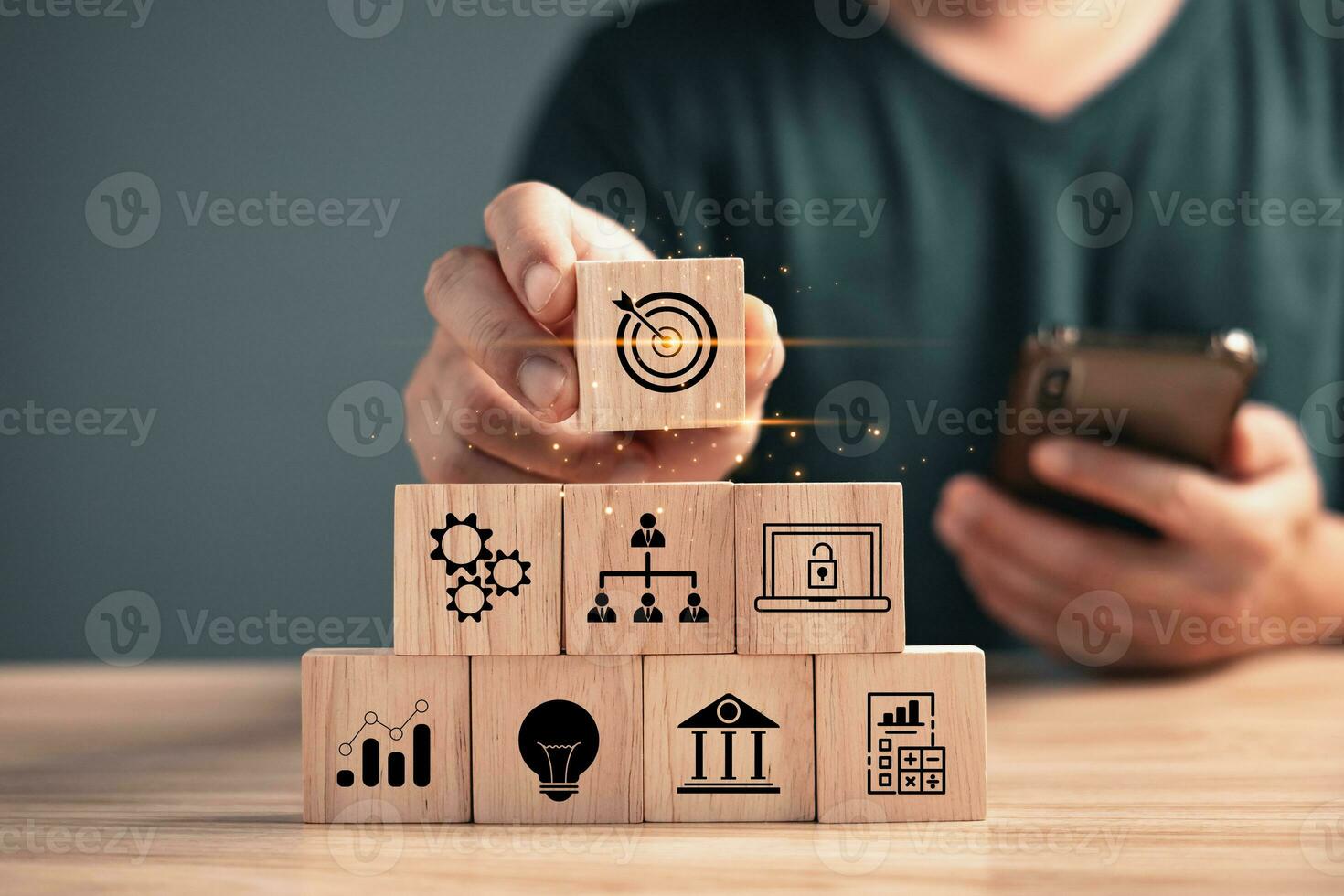 Stack woods block step on table with icon about business strategy and Action plan,business strategy, Goal and target, business development concept. copy space. photo