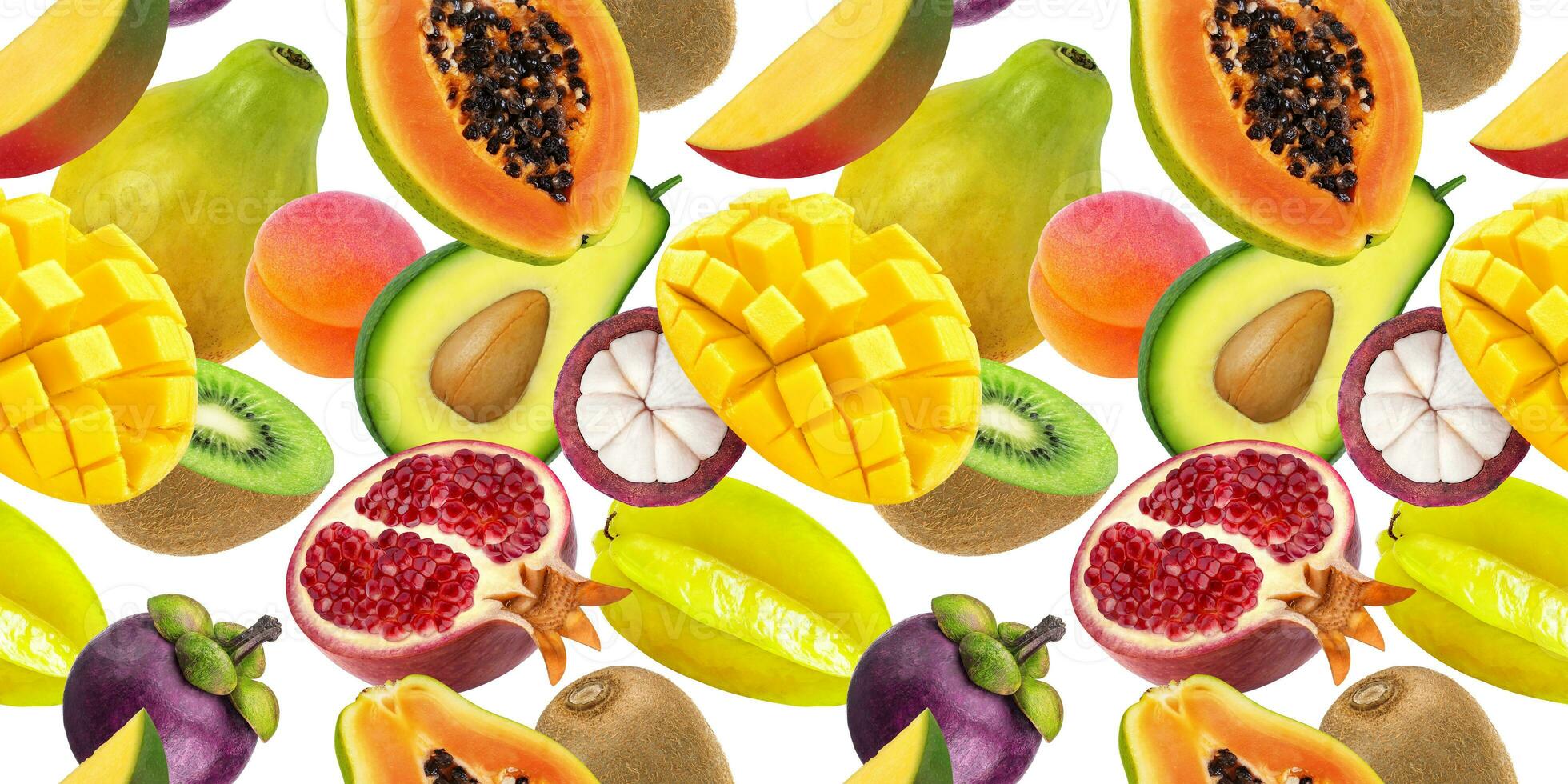 Tropical fruits seamless pattern. Falling exotic fruits isolated on white background photo