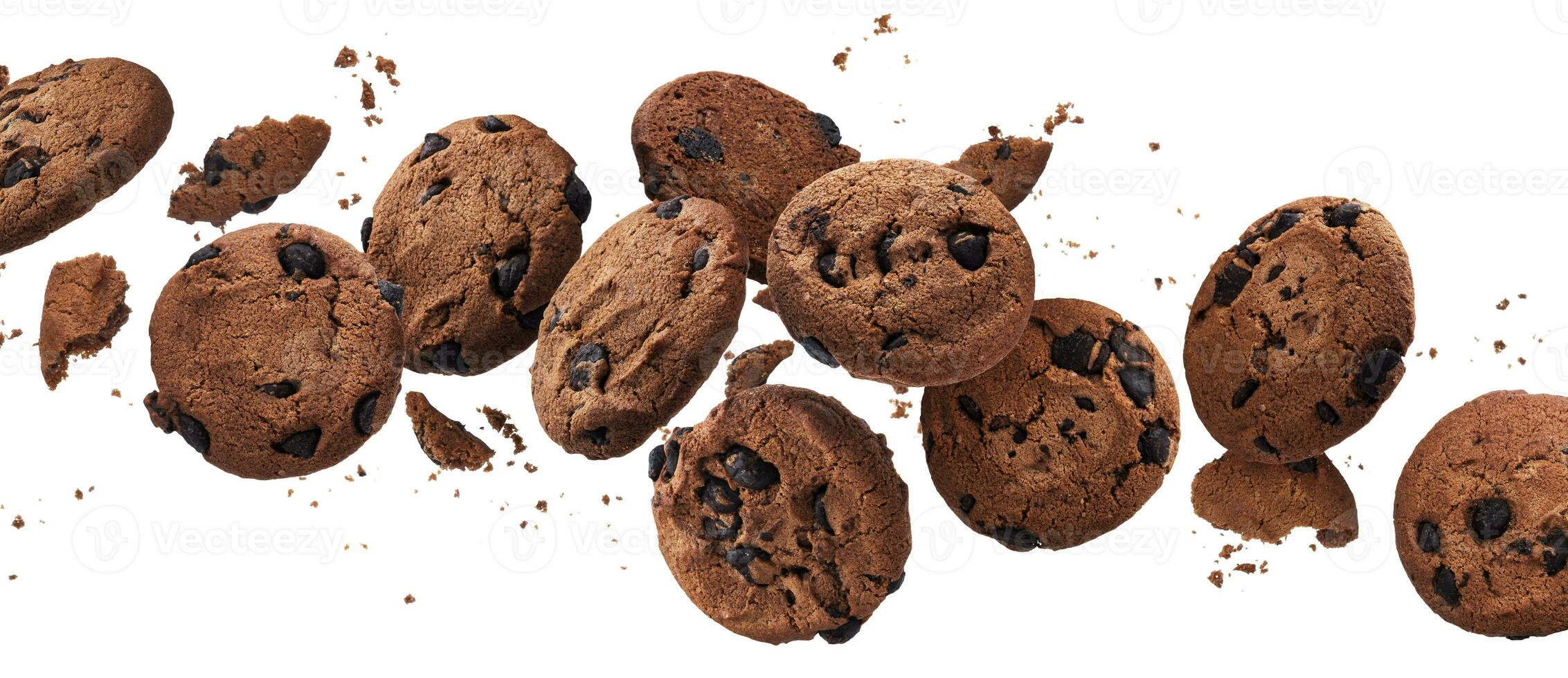 Falling broken chocolate chip cookies isolated on white background with clipping path photo