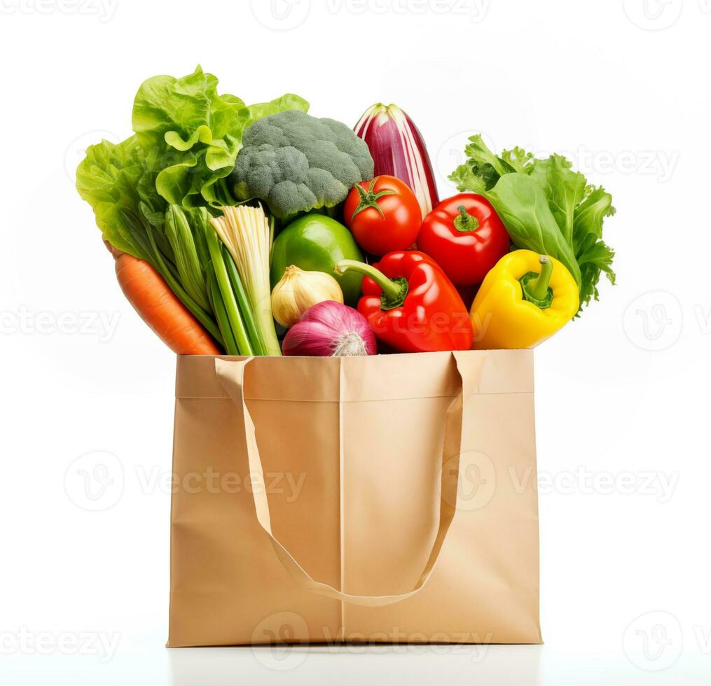 AI Generated Paper bag with fresh vegetables isolated on white background with copy space photo