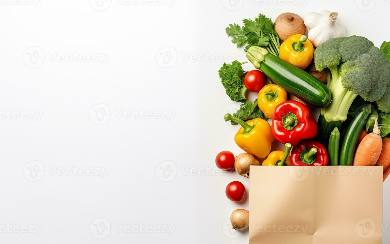 AI Generated Paper bag with fresh vegetables isolated on white background with copy space, top view photo