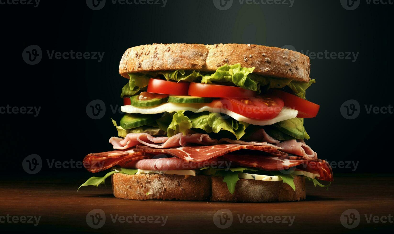 AI Generated Big sandwich on black background with copy space photo