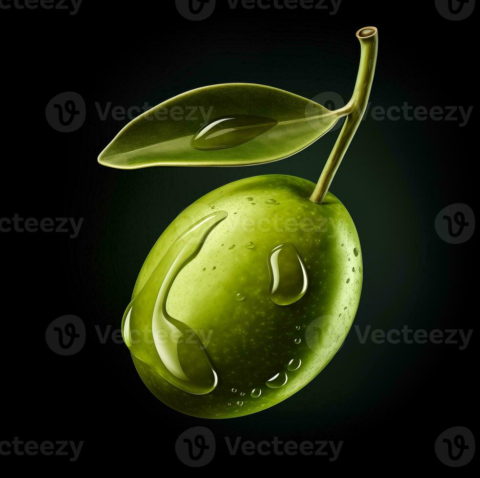 AI Generated One green olive with water drops on black background photo