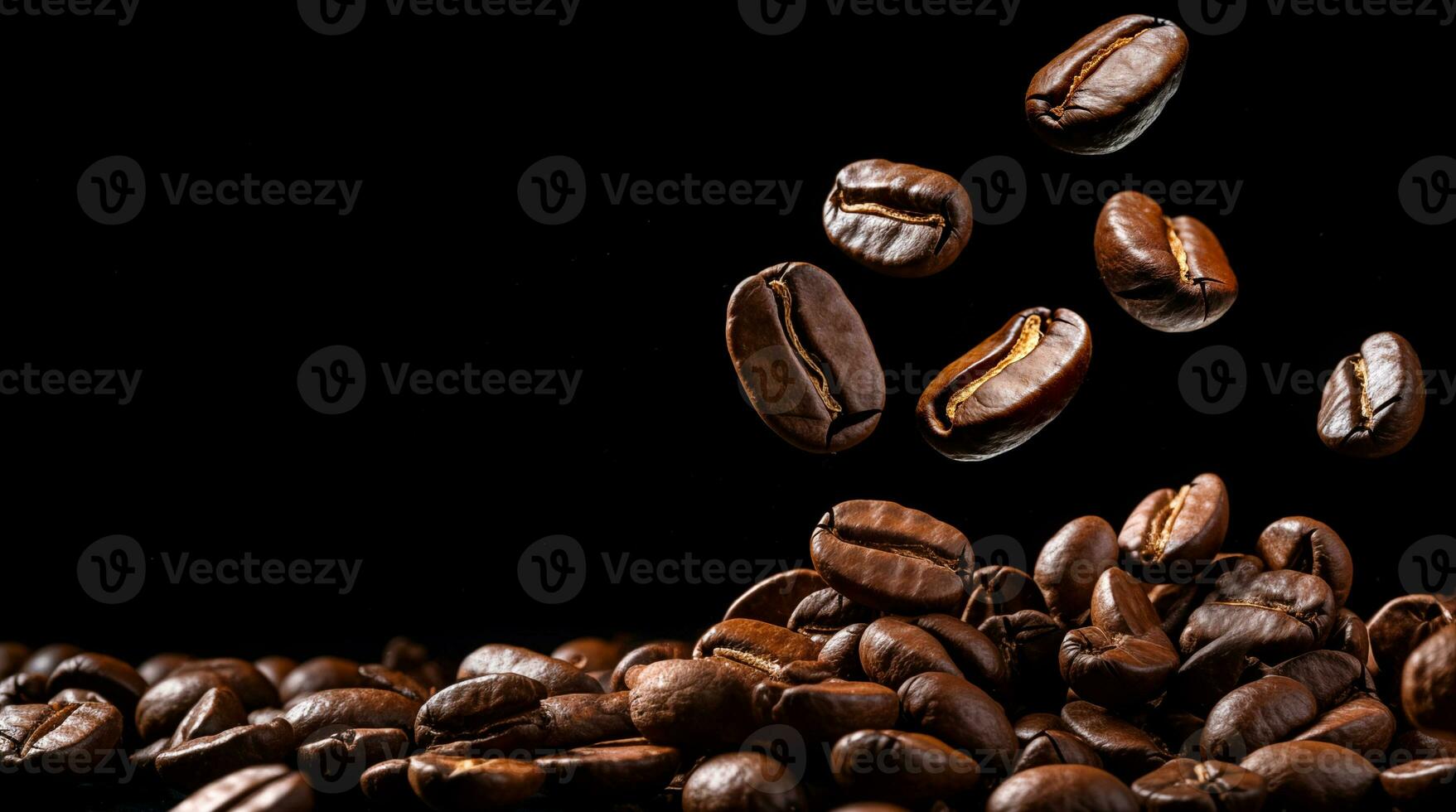 AI Generated Falling coffee beans over black background with copy space photo