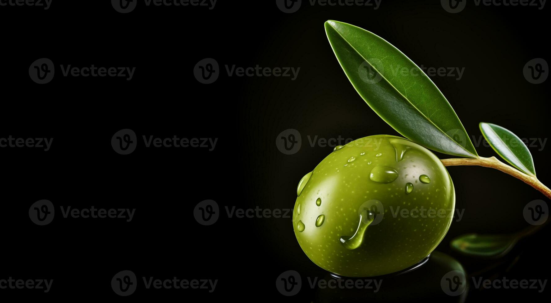 AI Generated One green olive with water drops on black background photo