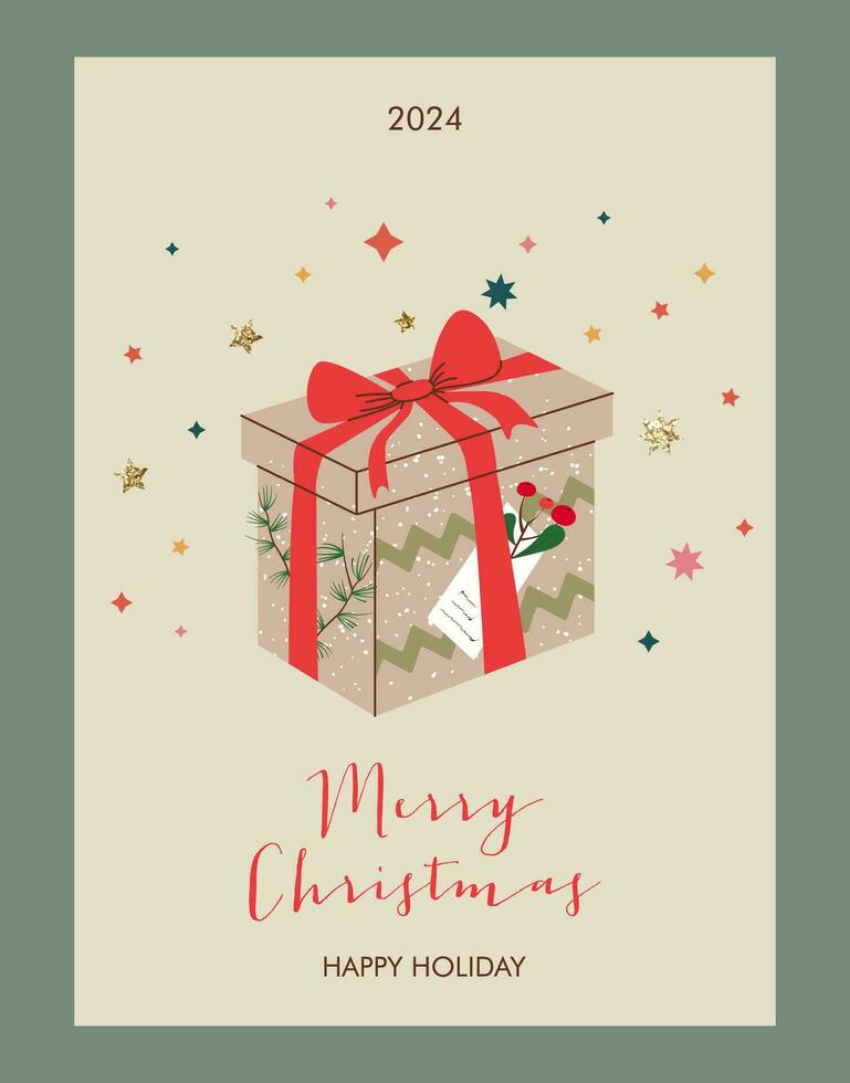 Merry Christmas greeting card with gift boxes. Hand Drawn Doodle present boxes. Vector illustration. Design for poster, party invitation, brochure or flyer template with holiday presents.