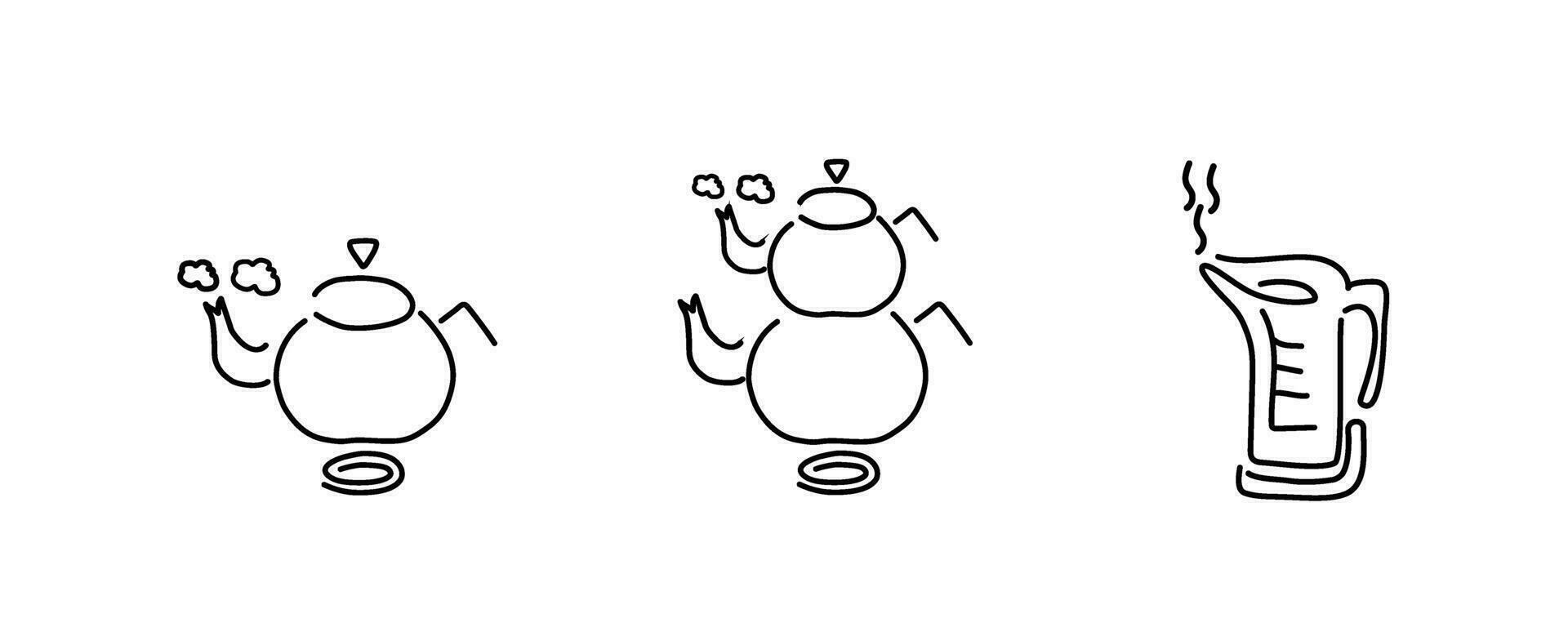 A set of regular, Turkish national and electric teapots, contour black linear silhouettes. Vector linear icons for menu, website, cafe design