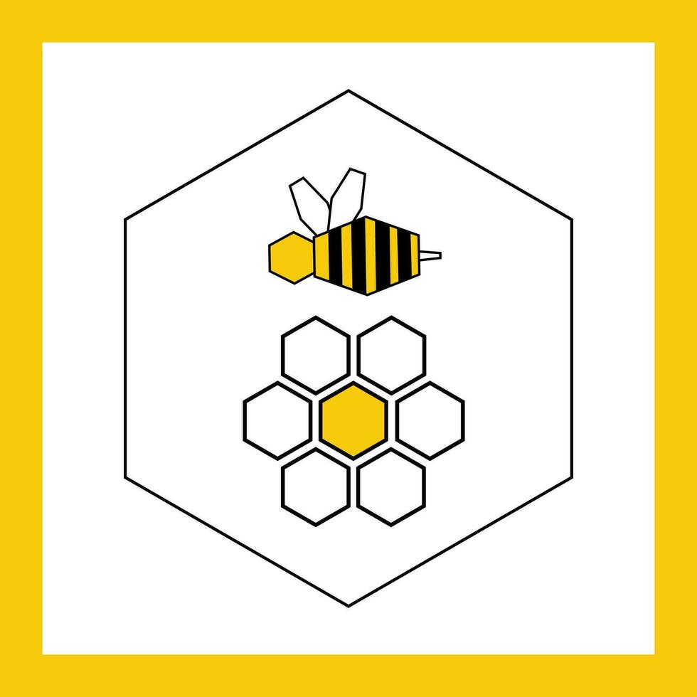 abeja y flor firmar icono en miel célula - plano vector geométrico ilustración con amarillo marco. icono en el tema de miel y apicultura