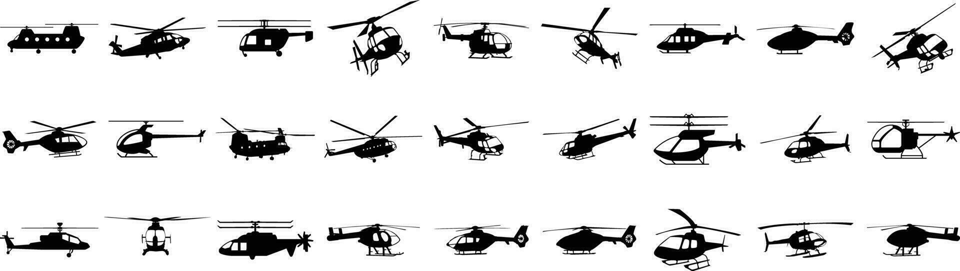 conjunto de negro helicóptero siluetas vector ilustraciones aislado en blanco antecedentes