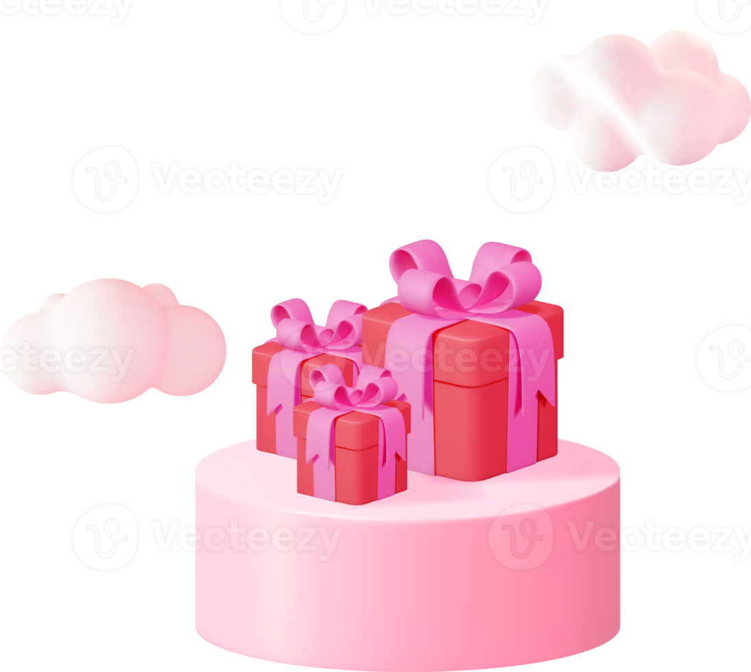 3D Pink Podium with Gift Box and Fluffy Cloud. png