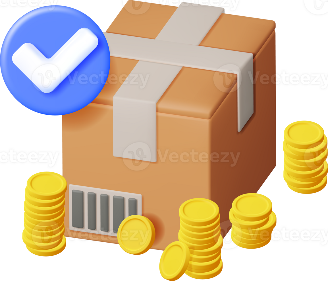 3D Cardboard Box with Gold Coins and Checkmark png