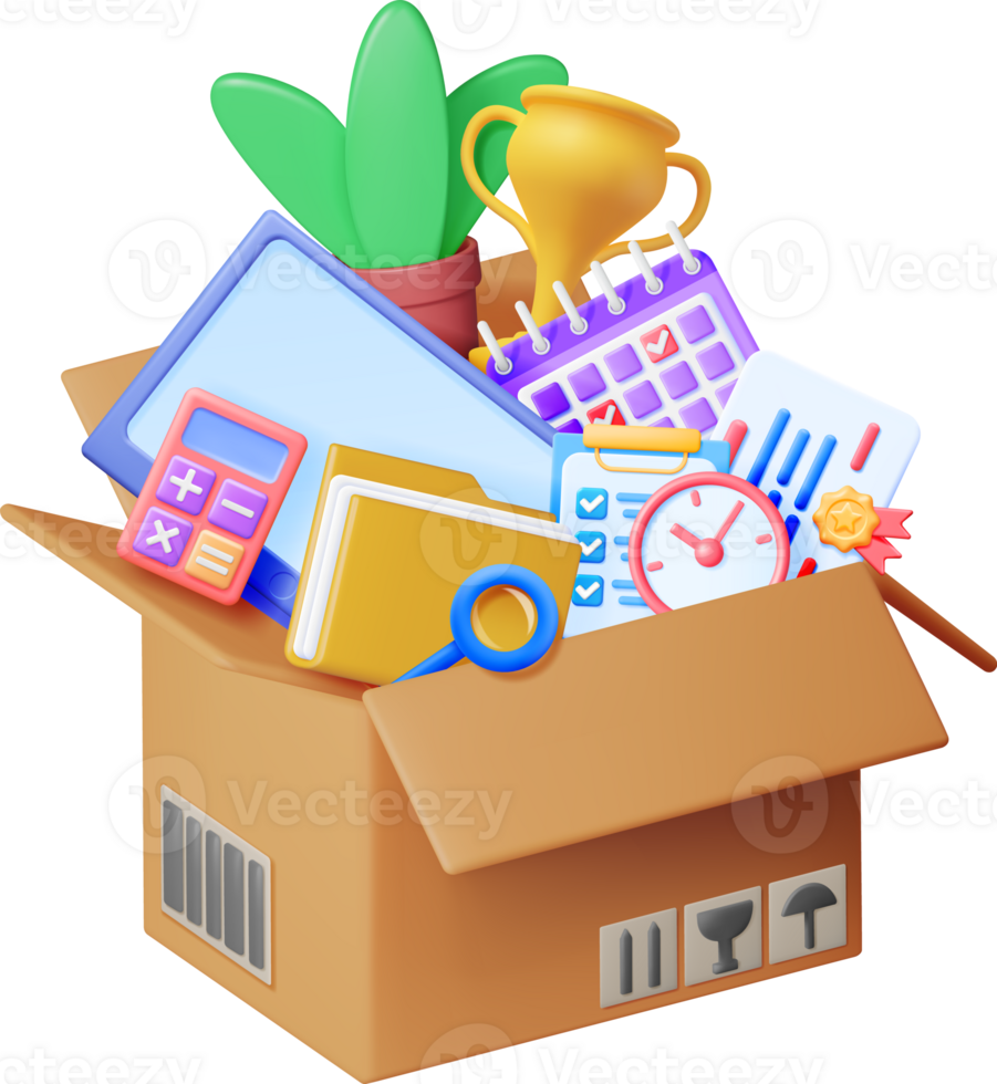3D Cardboard Box Full of Office Stuff png