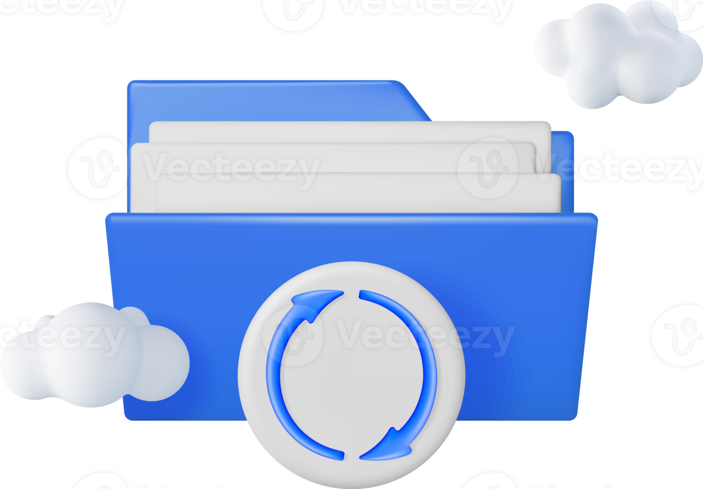 3D Blue Folder in Clouds with File Sync Icon png
