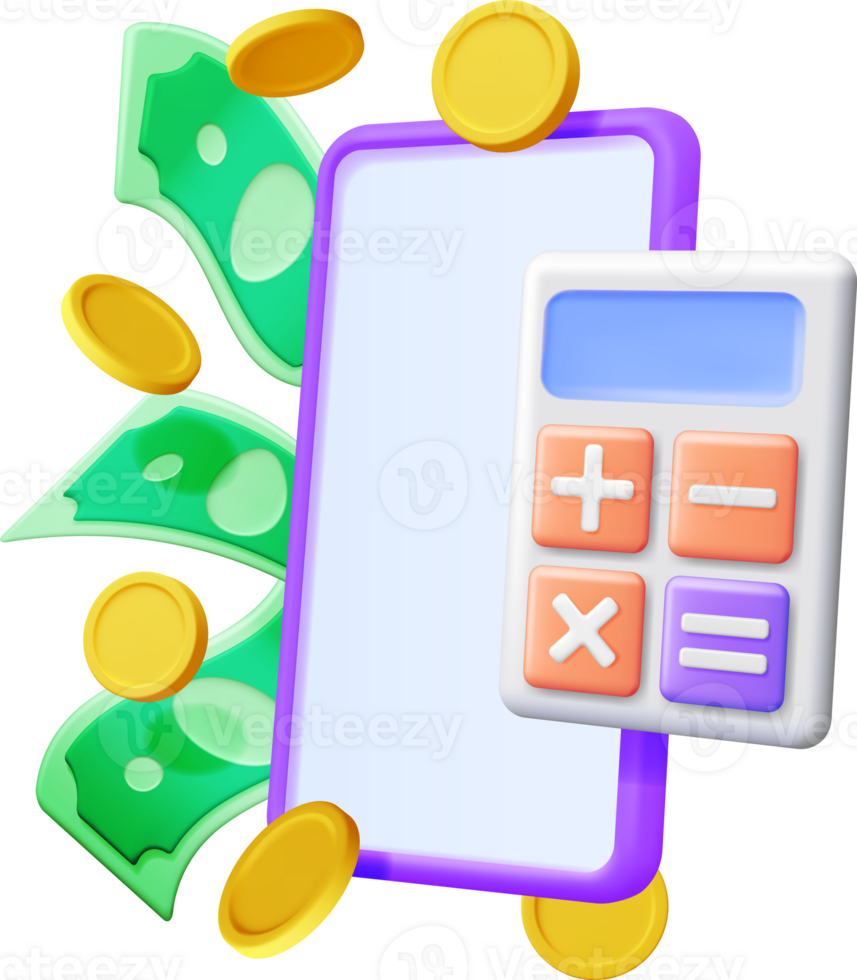 3D Smartphone with Money and Calculator. png