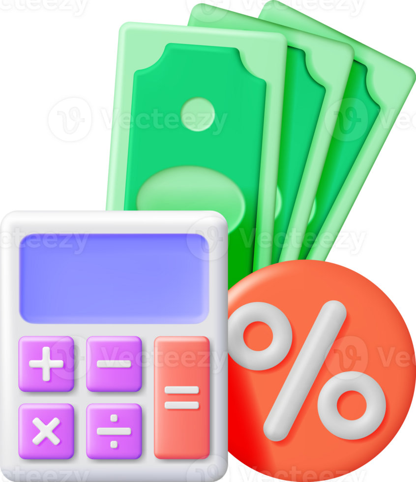 3D Calculator with Percent Symbol and Banknotes png