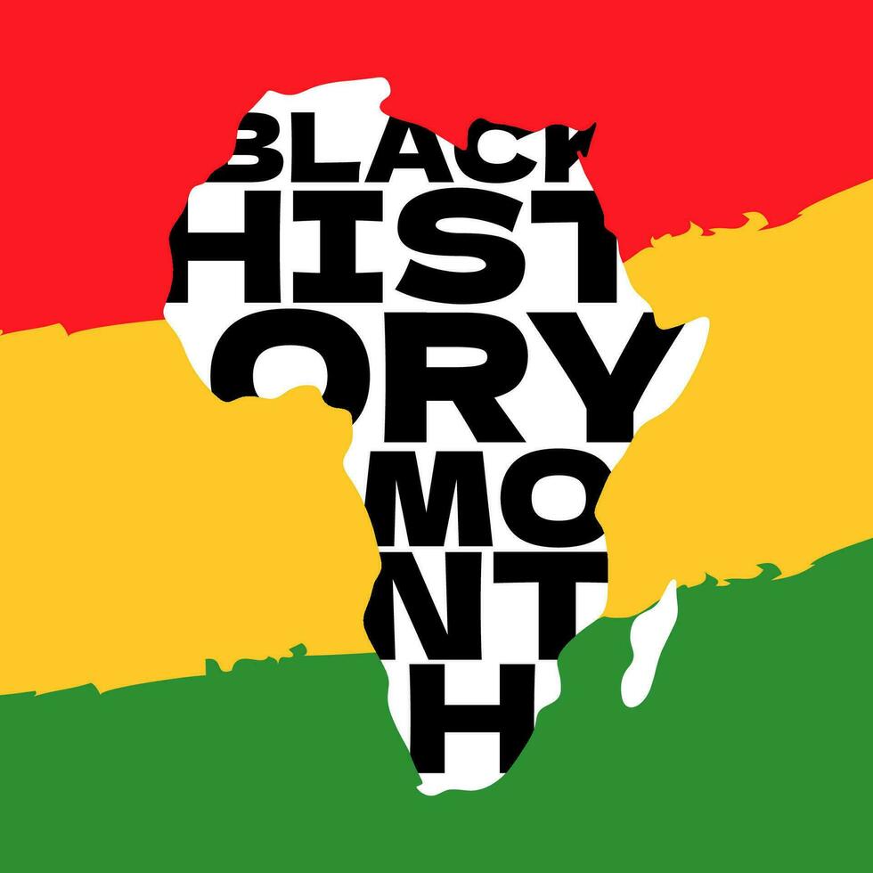 Black History Month graphic square banner. African American rights and culture celebrating. Modern creative greeting card. Africa silhouette on red yellow green colors afro flag vector eps background